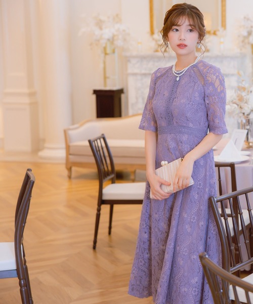 Retica（レティカ）の「[CLOSED] パーティー ドレス 二次会 Aライン 総レース 五分袖 フレア ロングドレス 結婚式 大きいサイズ 20代 30代 お呼ばれ（ドレス・レディース・ラベンダー/ブルーグリーン/ブラック・L/M/S/XL/XXL）」の4枚目の写真