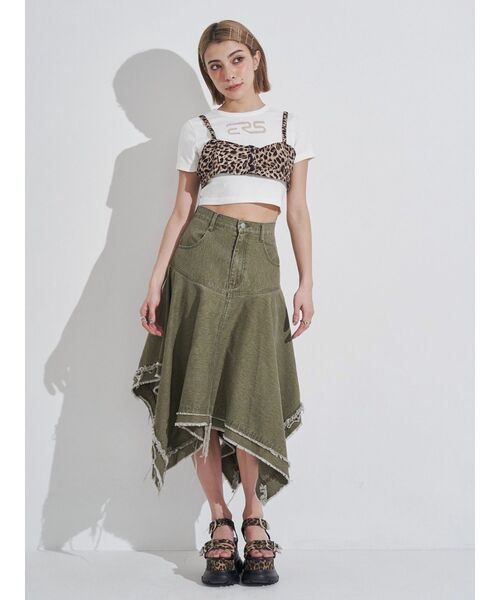 EVRIS（エヴリス）の「ランダムヘムミディーデニムスカート（デニムスカート・レディース・カーキ/ブルー・MEDIUM/SMALL）」の3枚目の写真