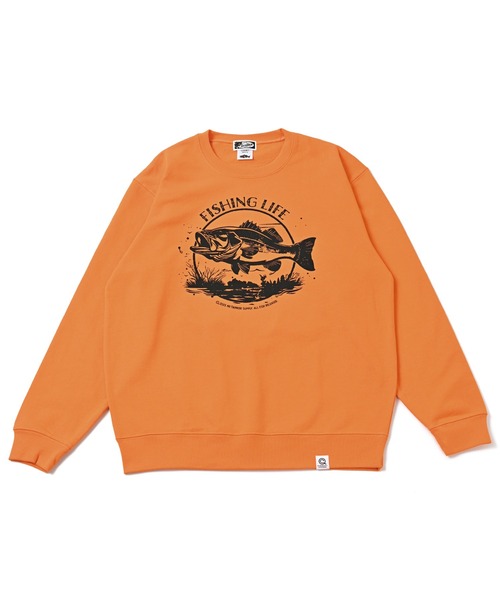 NOTHINKER(ノーシンカー)の「FISHING LIFE CIRCLE Crewneck Sweat(スウェット・メンズ・オレンジ/オリーブ・X-LARGE/LARGE/MEDIUM/SMALL/XX-LARGE)」の1枚目の写真