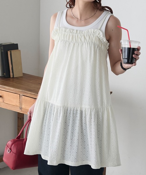 BONLECILL（ボンルシール）の「フラワーカットレースジャガードイージーキャミワンピース（ワンピース・レディース・ブラック/アイボリー・FREE）」の3枚目の写真