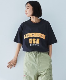 ヴィンテージ加工カレッジロゴプリントオーバーサイズ半袖Tシャツ
