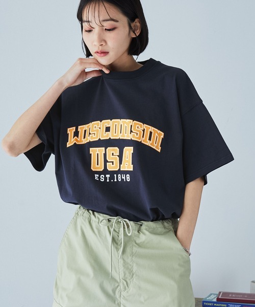 MONO-MART(モノマート)の「ヴィンテージ加工カレッジロゴプリントオーバーサイズ半袖Tシャツ(Tシャツ/カットソー・レディース・オフホワイト/杢グレー/ホワイト系/ブラック/スミクロ/ネイビー/ブラック系/ピンク・FREE)」の17枚目の写真