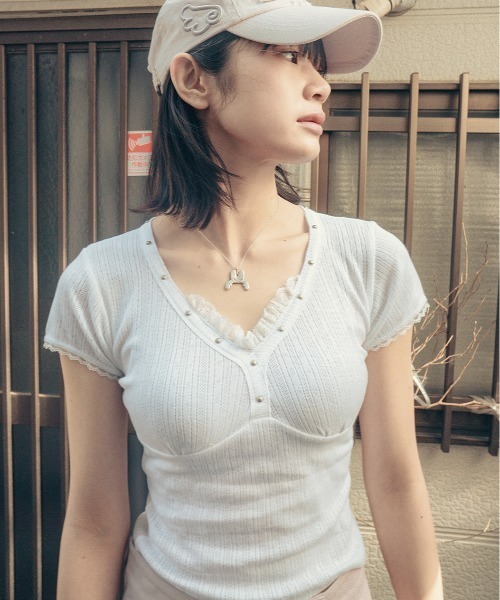 セール】HUG YOUR SKIN/ハグユアスキン/Lace studded top（T