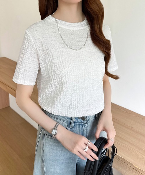 COCOMOMO(ココモモ)の「【4色×3サイズ展開】 ワッフルTシャツ ポコポコ 半袖カットソー クルーネック Tシャツ(Tシャツ/カットソー・レディース・ブルー/ライトブラウン/ホワイト/ブラック・XL/L/M)」の1枚目の写真