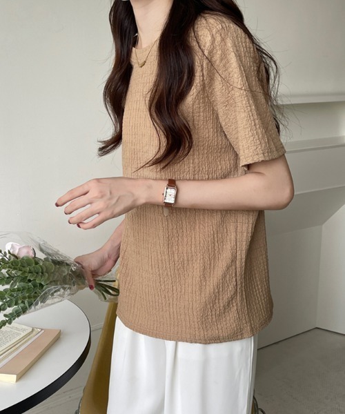COCOMOMO(ココモモ)の「【4色×3サイズ展開】 ワッフルTシャツ ポコポコ 半袖カットソー クルーネック Tシャツ(Tシャツ/カットソー・レディース・ブルー/ライトブラウン/ホワイト/ブラック・XL/L/M)」の16枚目の写真
