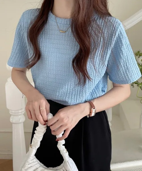 COCOMOMO(ココモモ)の「【4色×3サイズ展開】 ワッフルTシャツ ポコポコ 半袖カットソー クルーネック Tシャツ(Tシャツ/カットソー・レディース・ブルー/ライトブラウン/ホワイト/ブラック・XL/L/M)」の21枚目の写真
