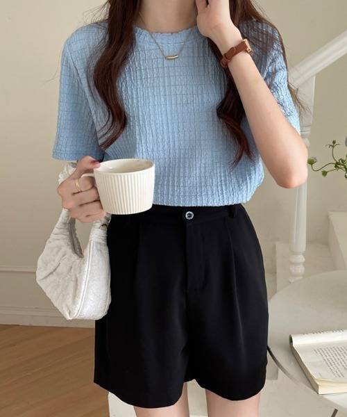 COCOMOMO(ココモモ)の「【4色×3サイズ展開】 ワッフルTシャツ ポコポコ 半袖カットソー クルーネック Tシャツ(Tシャツ/カットソー・レディース・ブルー/ライトブラウン/ホワイト/ブラック・XL/L/M)」の10枚目の写真