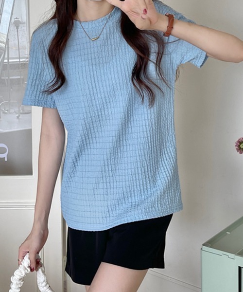COCOMOMO(ココモモ)の「【4色×3サイズ展開】 ワッフルTシャツ ポコポコ 半袖カットソー クルーネック Tシャツ(Tシャツ/カットソー・レディース・ブルー/ライトブラウン/ホワイト/ブラック・XL/L/M)」の19枚目の写真