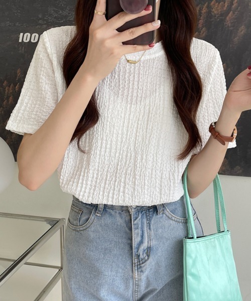 COCOMOMO(ココモモ)の「【4色×3サイズ展開】 ワッフルTシャツ ポコポコ 半袖カットソー クルーネック Tシャツ(Tシャツ/カットソー・レディース・ブルー/ライトブラウン/ホワイト/ブラック・XL/L/M)」の8枚目の写真
