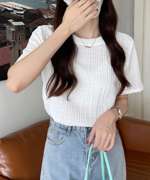COCOMOMO(ココモモ)の「【4色×3サイズ展開】 ワッフルTシャツ ポコポコ 半袖カットソー クルーネック Tシャツ(Tシャツ/カットソー・レディース・ブルー/ライトブラウン/ホワイト/ブラック・XL/L/M)」の14枚目の写真
