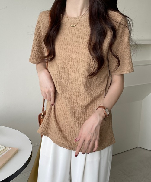 COCOMOMO(ココモモ)の「【4色×3サイズ展開】 ワッフルTシャツ ポコポコ 半袖カットソー クルーネック Tシャツ(Tシャツ/カットソー・レディース・ブルー/ライトブラウン/ホワイト/ブラック・XL/L/M)」の15枚目の写真