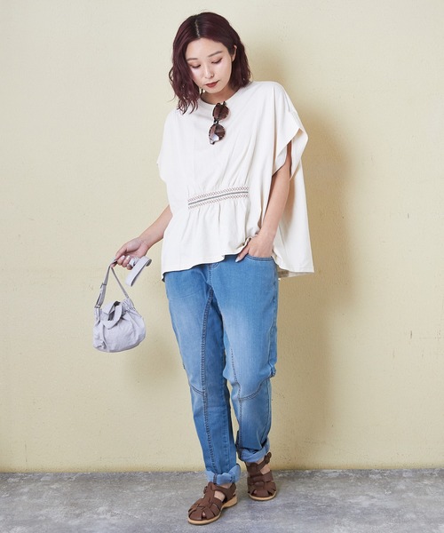 CUBE SUGAR(キューブシュガー)の「21/-OE天竺スモッキング刺繍プルオーバー(Tシャツ/カットソー・レディース・ナチュラル/ブラック/オレンジ・M)」の7枚目の写真