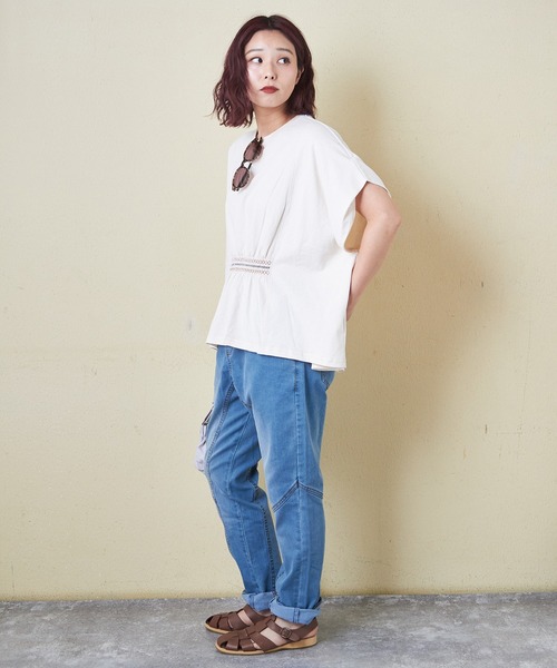 CUBE SUGAR(キューブシュガー)の「21/-OE天竺スモッキング刺繍プルオーバー(Tシャツ/カットソー・レディース・ナチュラル/ブラック/オレンジ・M)」の11枚目の写真