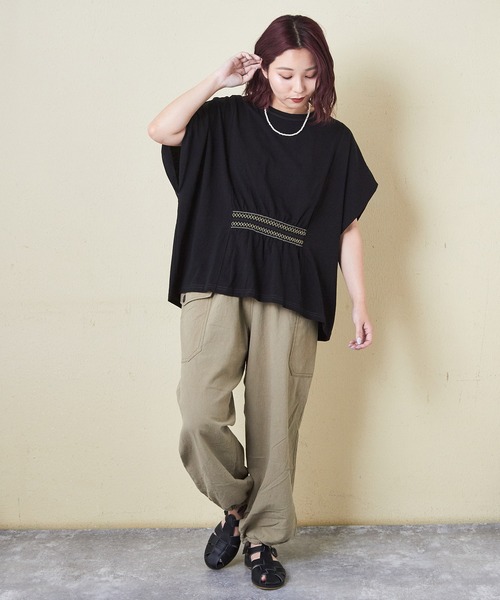 CUBE SUGAR(キューブシュガー)の「21/-OE天竺スモッキング刺繍プルオーバー(Tシャツ/カットソー・レディース・ナチュラル/ブラック/オレンジ・M)」の15枚目の写真