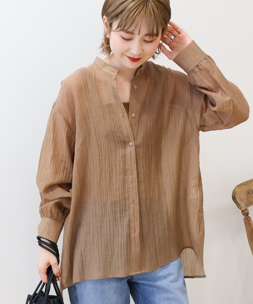 AMERICAN HOLIC(アメリカンホリック)の「楊柳シアーバンドカラーシャツ(シャツ/ブラウス・レディース・マスタード/モカ/チャコールグレー/ホワイト系その他2/ブルー・L/M)」の3枚目の写真
