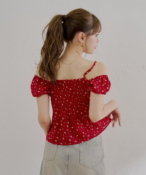 小花刺繍フリルブラウスRED プチプラ夏シャツ ブラウス レディース トップス シフォンシャツ