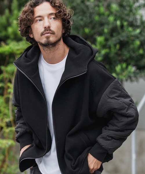 mj10870-Quilted Sleeve Combination Hooded Jacket フーデッド