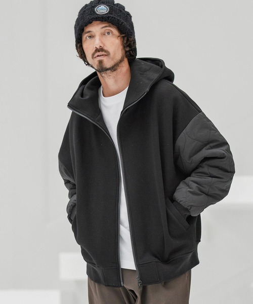 mj10870-Quilted Sleeve Combination Hooded Jacket フーデッド