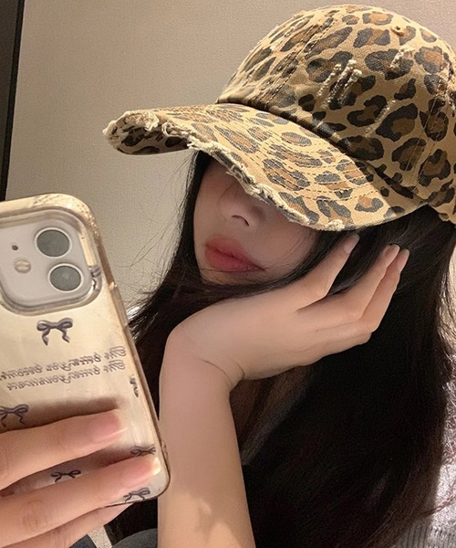 SANSeLF】ヒョウ柄 レオパード ダメージ フリンジバイザー ロー