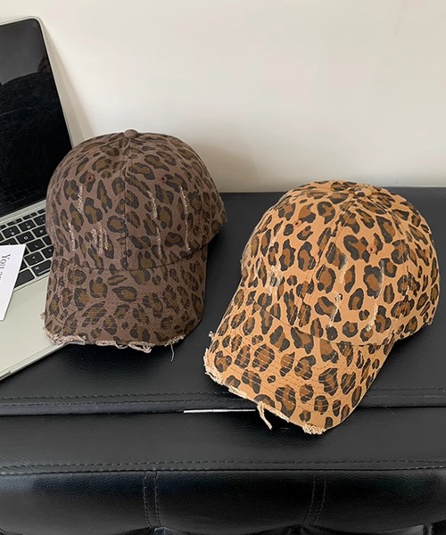 SANSeLF】ヒョウ柄 レオパード ダメージ フリンジバイザー ロー