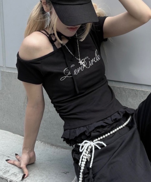 Never mind the XU / Chikashitsu+(ネバーマインド ザ エックスユー / チカシツプラス)の「【nmtc+】lettering cubic lace tee / 【エヌエムティーシープラス】レタリングキュービックレース半袖Tシャツ(Tシャツ/カットソー・レディース・ブラック/アイボリー/グレー・ONE SIZE)」の3枚目の写真
