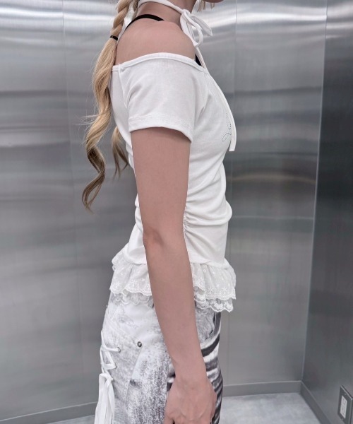 Never mind the XU / Chikashitsu+(ネバーマインド ザ エックスユー / チカシツプラス)の「【nmtc+】lettering cubic lace tee / 【エヌエムティーシープラス】レタリングキュービックレース半袖Tシャツ(Tシャツ/カットソー・レディース・ブラック/アイボリー/グレー・ONE SIZE)」の6枚目の写真