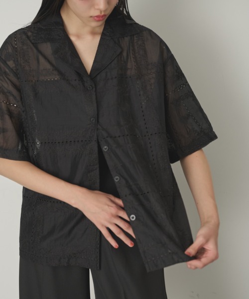 【極美品】　45R 後染めリネンのサファリシャツ　オープンカラーシャツ　R刺繍 極美品】 45R 後染めリネンのサファリシャツ オープンカラー