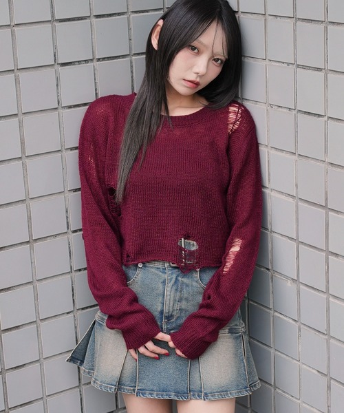 WEGO（ウィゴー）の「WEGO/モヘアタッチダメージショートニット（ニット/セーター・レディース・ホワイト系その他5/ワイン/チャコール/ネイビー・FREE）」の4枚目の写真