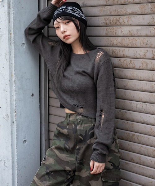 WEGO（ウィゴー）の「WEGO/モヘアタッチダメージショートニット（ニット/セーター・レディース・ホワイト系その他5/ワイン/チャコール/ネイビー・FREE）」の3枚目の写真