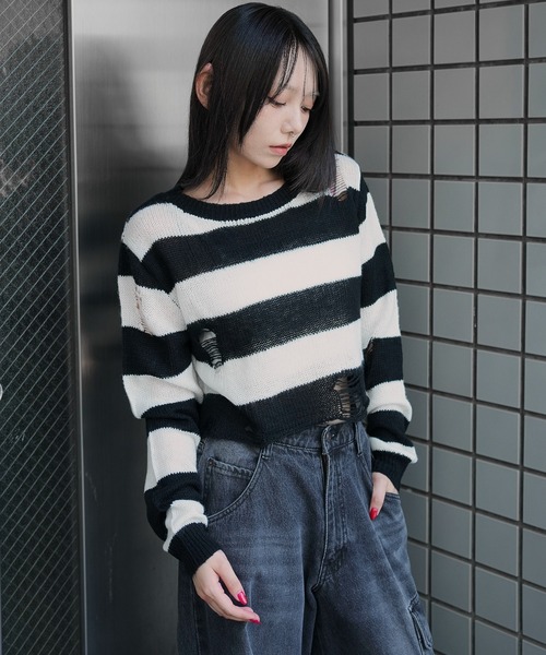 WEGO（ウィゴー）の「WEGO/モヘアタッチダメージショートニット（ニット/セーター・レディース・ホワイト系その他5/ワイン/チャコール/ネイビー・FREE）」の2枚目の写真