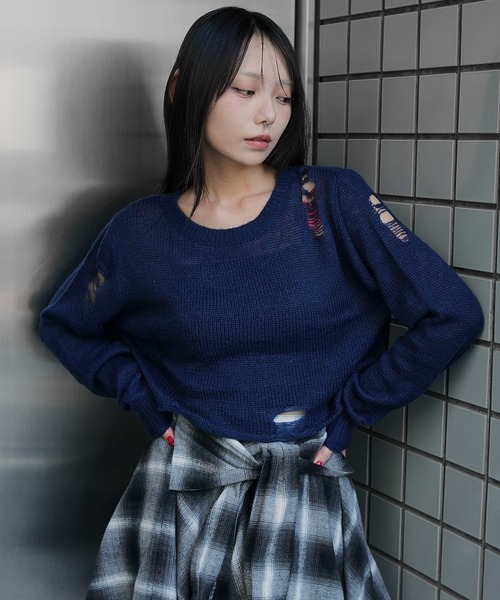 WEGO（ウィゴー）の「WEGO/モヘアタッチダメージショートニット（ニット/セーター・レディース・ホワイト系その他5/ワイン/チャコール/ネイビー・FREE）」の7枚目の写真