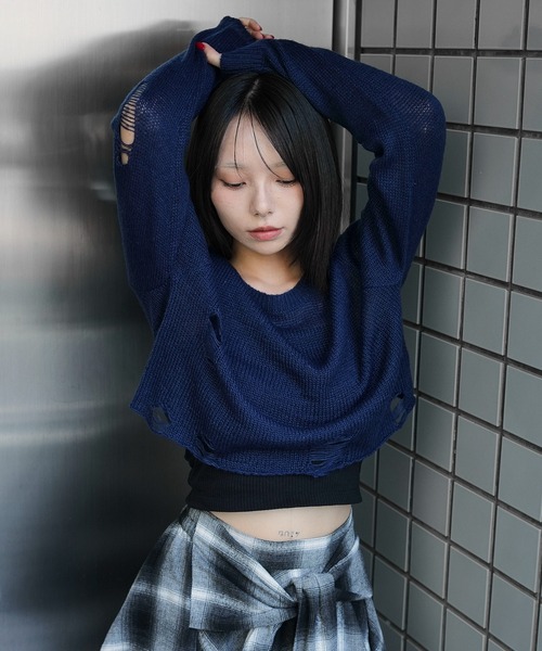 WEGO（ウィゴー）の「WEGO/モヘアタッチダメージショートニット（ニット/セーター・レディース・ホワイト系その他5/ワイン/チャコール/ネイビー・FREE）」の8枚目の写真