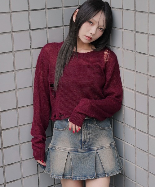 WEGO（ウィゴー）の「WEGO/モヘアタッチダメージショートニット（ニット/セーター・レディース・ホワイト系その他5/ワイン/チャコール/ネイビー・FREE）」の11枚目の写真