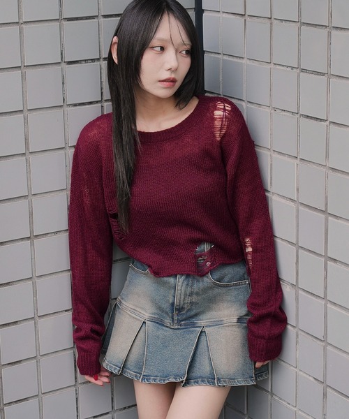 WEGO（ウィゴー）の「WEGO/モヘアタッチダメージショートニット（ニット/セーター・レディース・ホワイト系その他5/ワイン/チャコール/ネイビー・FREE）」の12枚目の写真