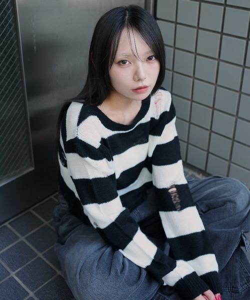 WEGO（ウィゴー）の「WEGO/モヘアタッチダメージショートニット（ニット/セーター・レディース・ホワイト系その他5/ワイン/チャコール/ネイビー・FREE）」の5枚目の写真