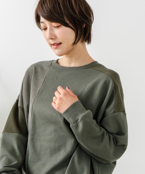 fort point（フォーポイント）の「【C-FORT POINT/フォートポイント】コーデュロイ ワッフル 切り替え チュニック（スウェット・レディース・チャコールグレー/カーキ/ブルー/杢グレー/レンガ・FREE）」の3枚目の写真