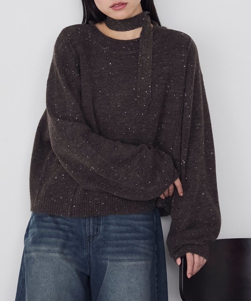 【forksy.】リボン付ミックスヤーンプルオーバーニット