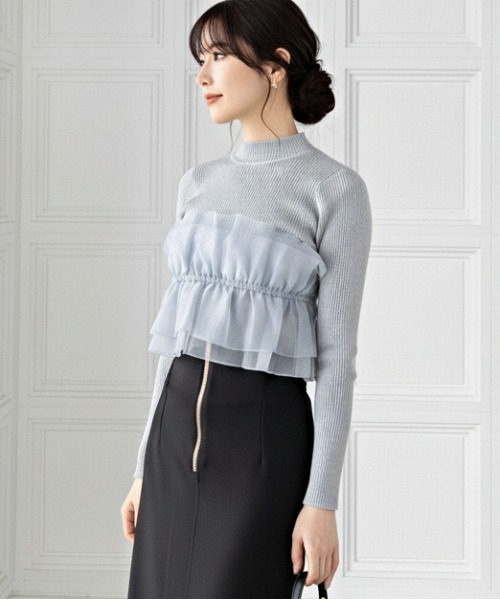 CLEAR BASIC（クリアベーシック）の「チュールドッキングリブニットトップス[大人 フェミニン 上品]（ニット/セーター・レディース・グレー/アイボリー/ブラック/ピンク・F）」の4枚目の写真