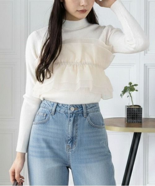 CLEAR BASIC（クリアベーシック）の「チュールドッキングリブニットトップス[大人 フェミニン 上品]（ニット/セーター・レディース・グレー/アイボリー/ブラック/ピンク・F）」の2枚目の写真