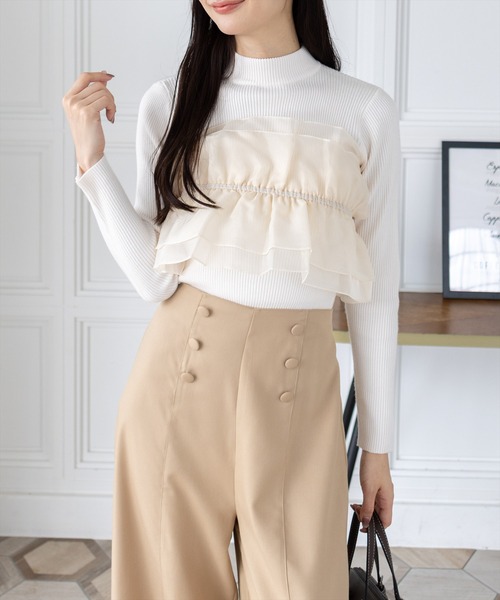 CLEAR BASIC（クリアベーシック）の「チュールドッキングリブニットトップス[大人 フェミニン 上品]（ニット/セーター・レディース・グレー/アイボリー/ブラック/ピンク・F）」の5枚目の写真