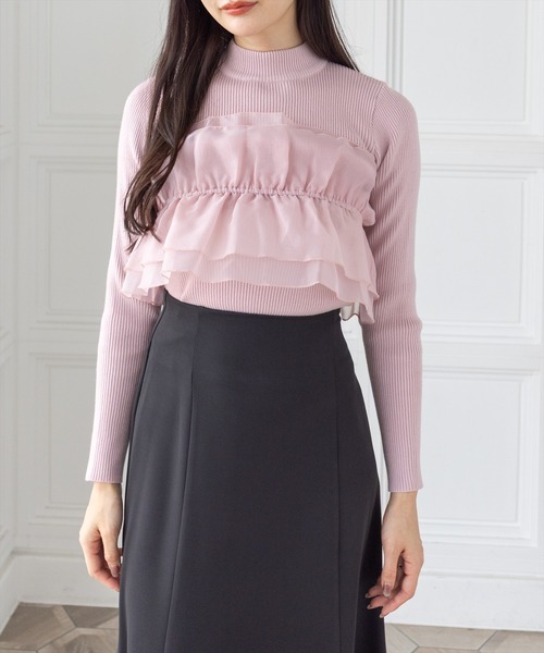 CLEAR BASIC（クリアベーシック）の「チュールドッキングリブニットトップス[大人 フェミニン 上品]（ニット/セーター・レディース・グレー/アイボリー/ブラック/ピンク・F）」の7枚目の写真