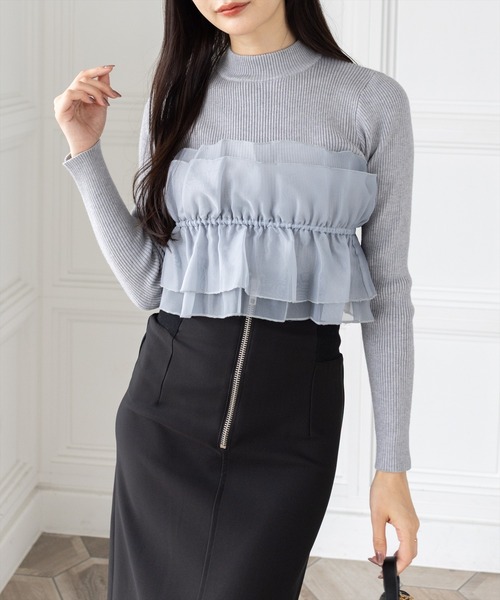 CLEAR BASIC（クリアベーシック）の「チュールドッキングリブニットトップス[大人 フェミニン 上品]（ニット/セーター・レディース・グレー/アイボリー/ブラック/ピンク・F）」の6枚目の写真