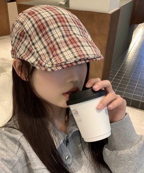 shopnikoniko(ショップニコニコ)の「ハンチング帽 チェック ベレー帽 ハンチング帽子(ハンチング/ベレー帽・レディース・グレー/レッド/イエロー・フリー)」の3枚目の写真