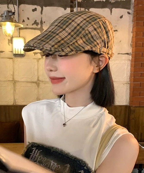 shopnikoniko(ショップニコニコ)の「ハンチング帽 チェック ベレー帽 ハンチング帽子(ハンチング/ベレー帽・レディース・グレー/レッド/イエロー・フリー)」の2枚目の写真
