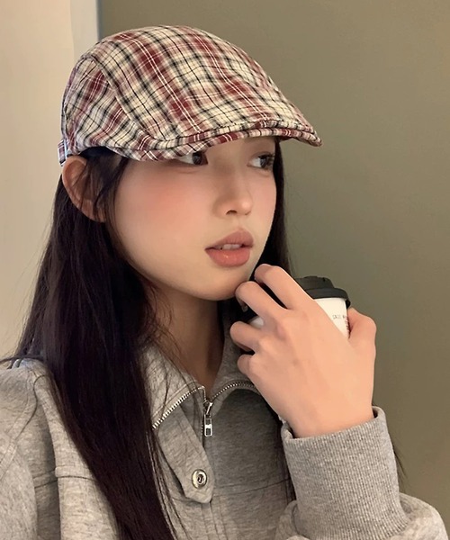 shopnikoniko(ショップニコニコ)の「ハンチング帽 チェック ベレー帽 ハンチング帽子(ハンチング/ベレー帽・レディース・グレー/レッド/イエロー・フリー)」の9枚目の写真