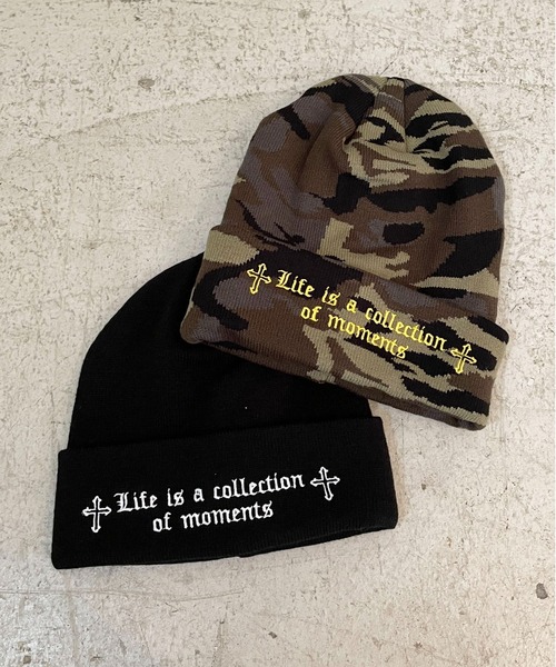 SPINNS（スピンズ）の「ニットキャップ/クロスメッセージロゴ/カモ柄/ユニセックス（ニットキャップ/ビーニー・メンズ・カモフラージュ/ブラック・ONESIZE）」の6枚目の写真