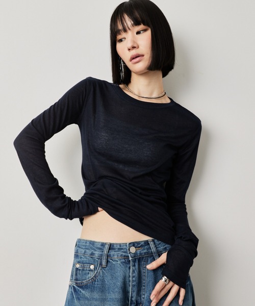 HANNE(アン)の「シアーロングスリーブTEE(Tシャツ/カットソー・レディース・ホワイト/ブラウン/レッド/ベージュ/ネイビー/パープル/ブルー/ブラック/ライトブルー/グレー・FREE)」の7枚目の写真