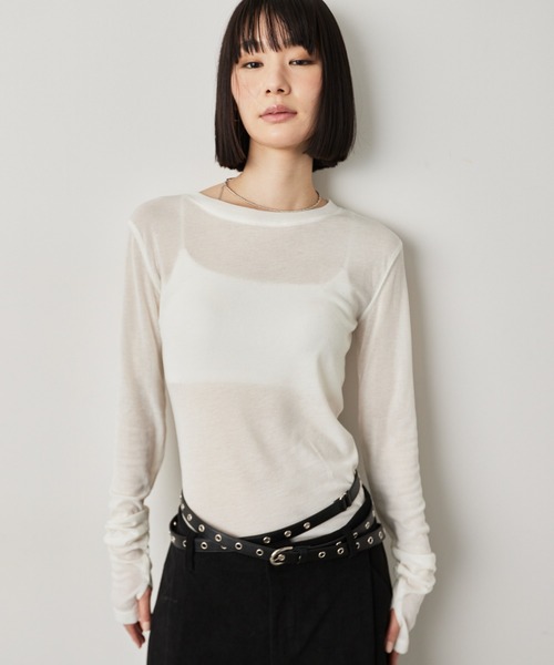 HANNE(アン)の「シアーロングスリーブTEE(Tシャツ/カットソー・レディース・ホワイト/ブラウン/レッド/ベージュ/ネイビー/パープル/ブルー/ブラック/ライトブルー/グレー・FREE)」の2枚目の写真