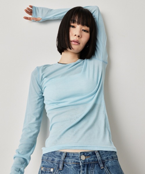 HANNE(アン)の「シアーロングスリーブTEE(Tシャツ/カットソー・レディース・ホワイト/ブラウン/レッド/ベージュ/ネイビー/パープル/ブルー/ブラック/ライトブルー/グレー・FREE)」の6枚目の写真