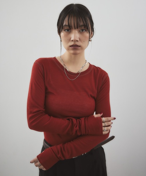 HANNE(アン)の「シアーロングスリーブTEE(Tシャツ/カットソー・レディース・ホワイト/ブラウン/レッド/ベージュ/ネイビー/パープル/ブルー/ブラック/ライトブルー/グレー・FREE)」の12枚目の写真